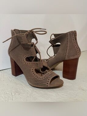 Crown Vintage Taupe Lace-Up Peep Toe Block Heel Booties